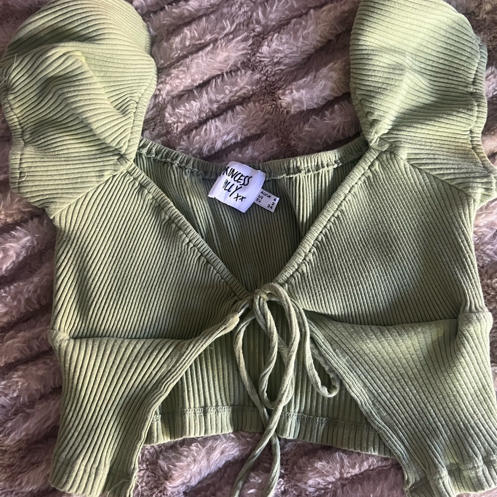 Princess Polly Olive Ribbed Tie-Front Blouse